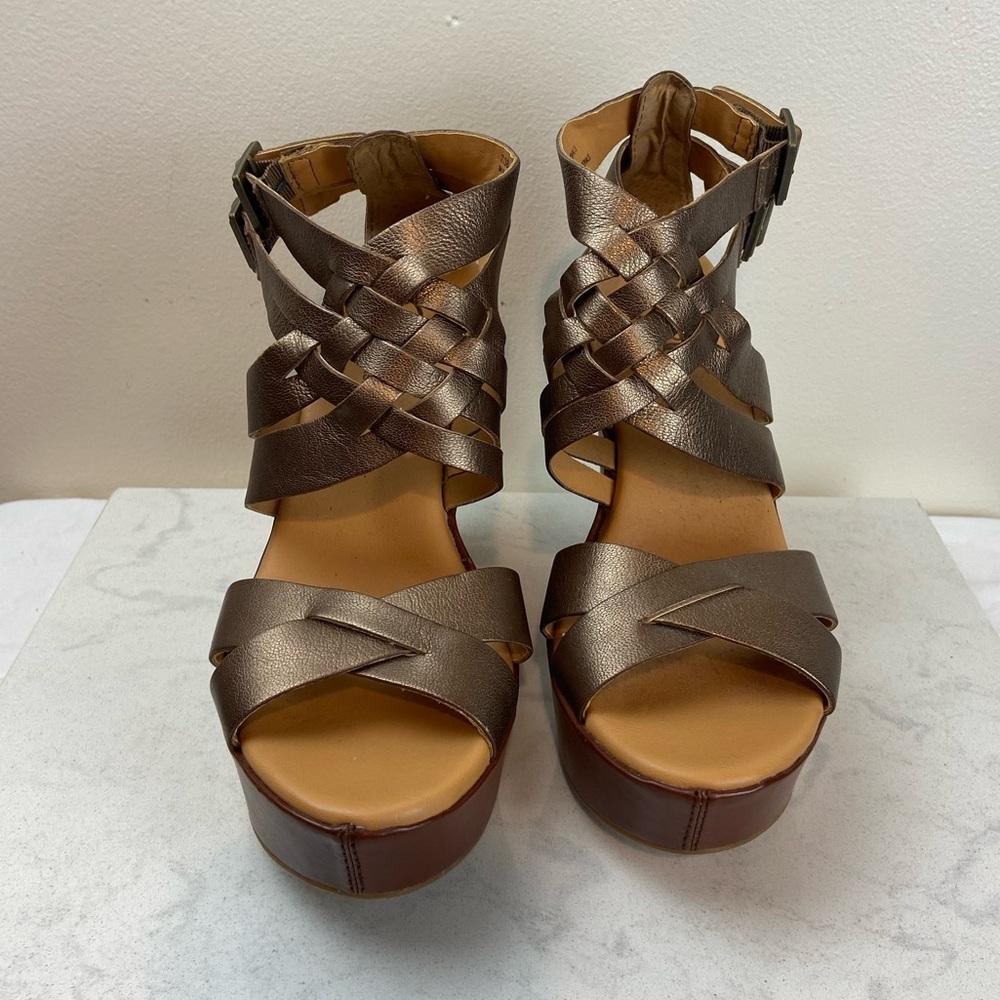 Kork-Ease Y2K Metallic Bronze Leather Wedge Sandals - Picture 2 of 10